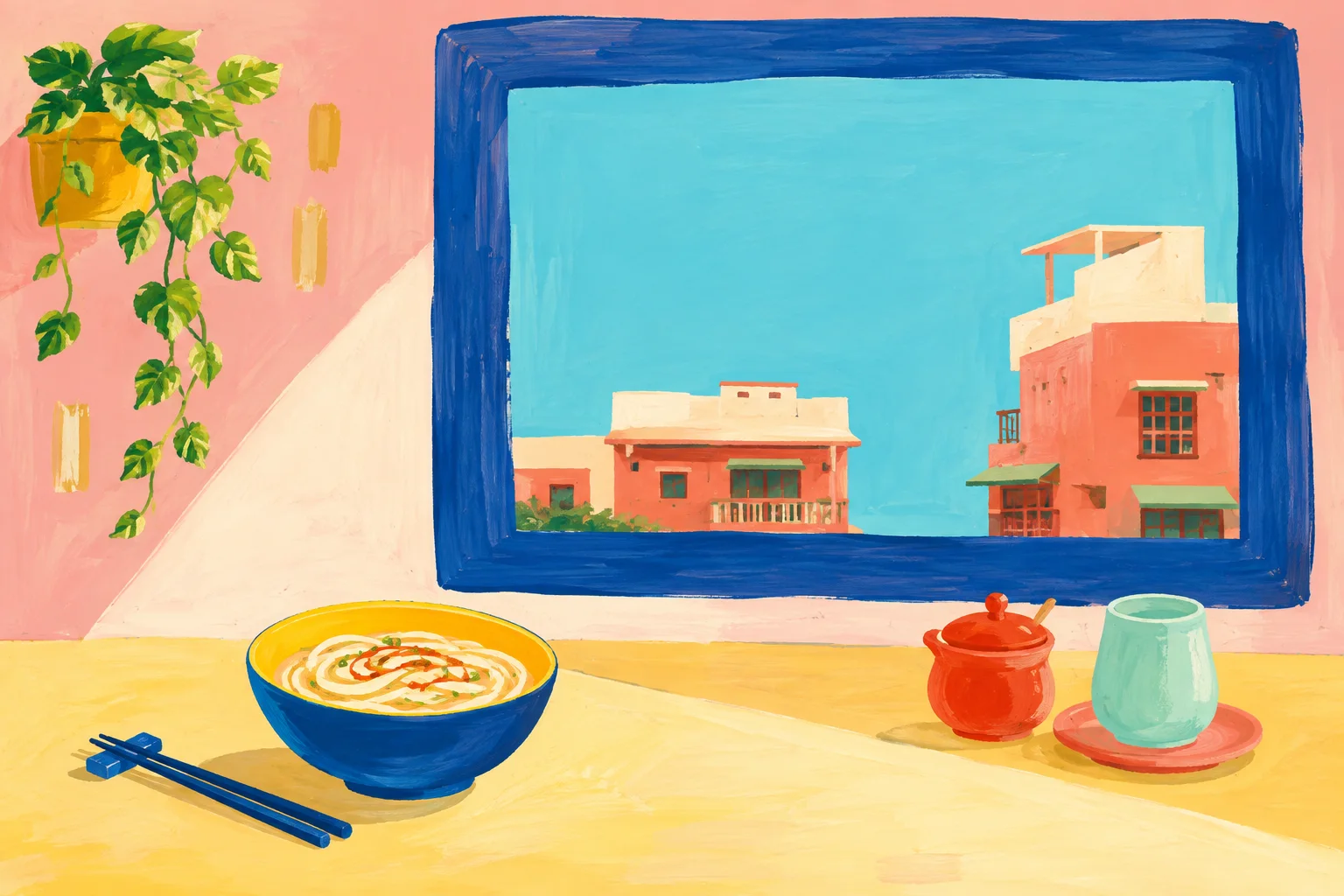 An illustrated blue noodle bowl on a yellow counter, beside a cobalt window, trailing plant and coral buildings under a turquoise sky.